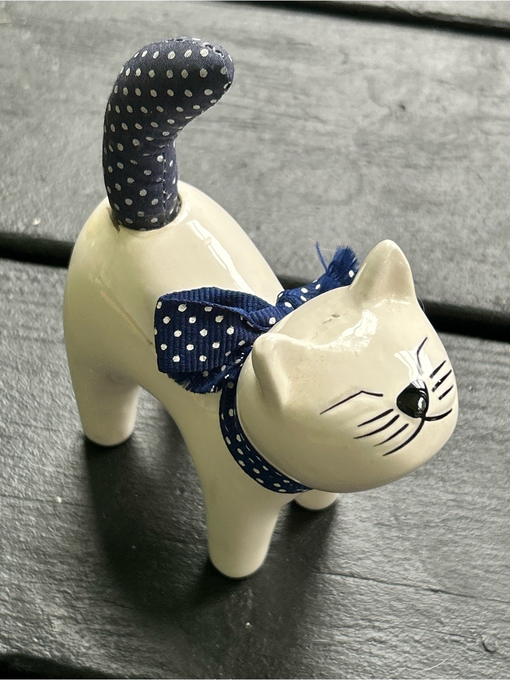 Vintage Enesco White Ceramic Cat Figurine with Navy Polka Dot Tail and Bow 1980s